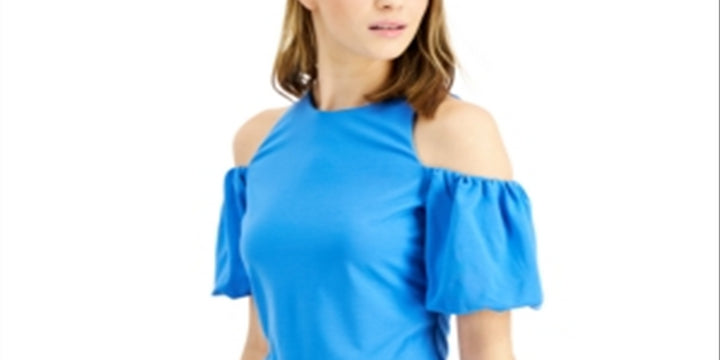 INC International Concepts Women's Cold Shoulder Balloon Sleeve Top Blue Size Small