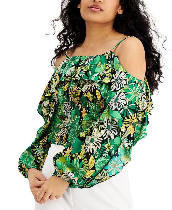 INC International Concepts Women's Printed Cold Shoulder Top Green Size X-Large