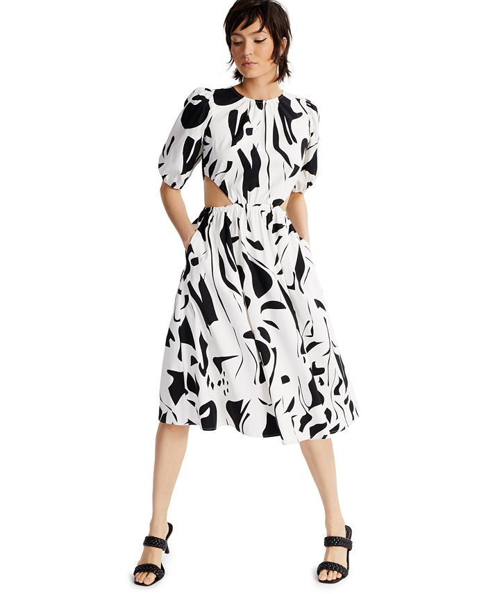 INC International Concepts Women's Printed Puff Sleeve Cutout Dress White Size Small