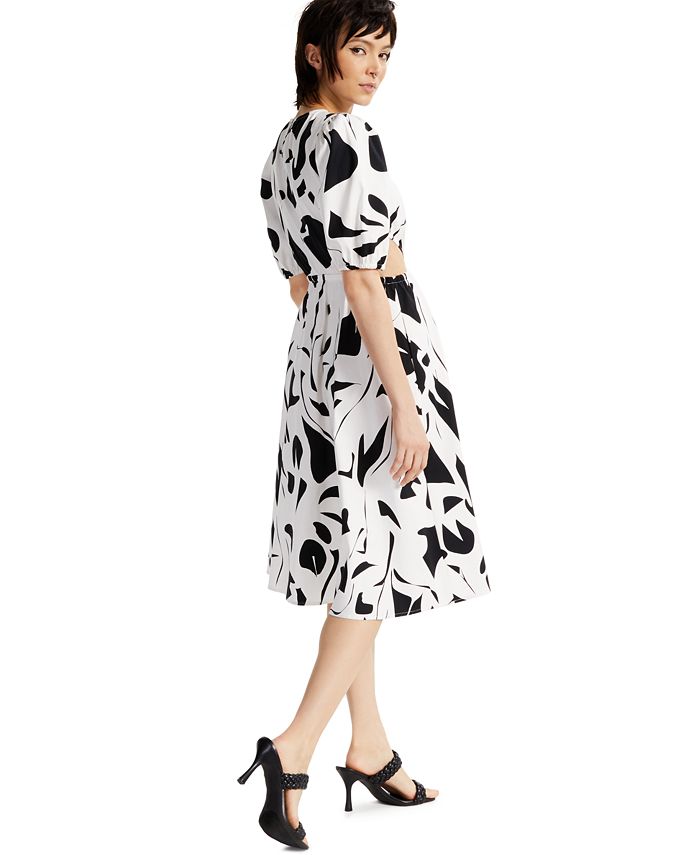 INC International Concepts Women's Printed Puff Sleeve Cutout Dress White Size Small