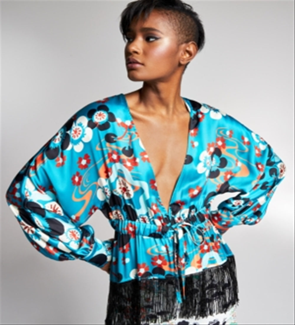 INC International Concepts Women's Beaded Fringe Kimono Blouse Blue Size Small