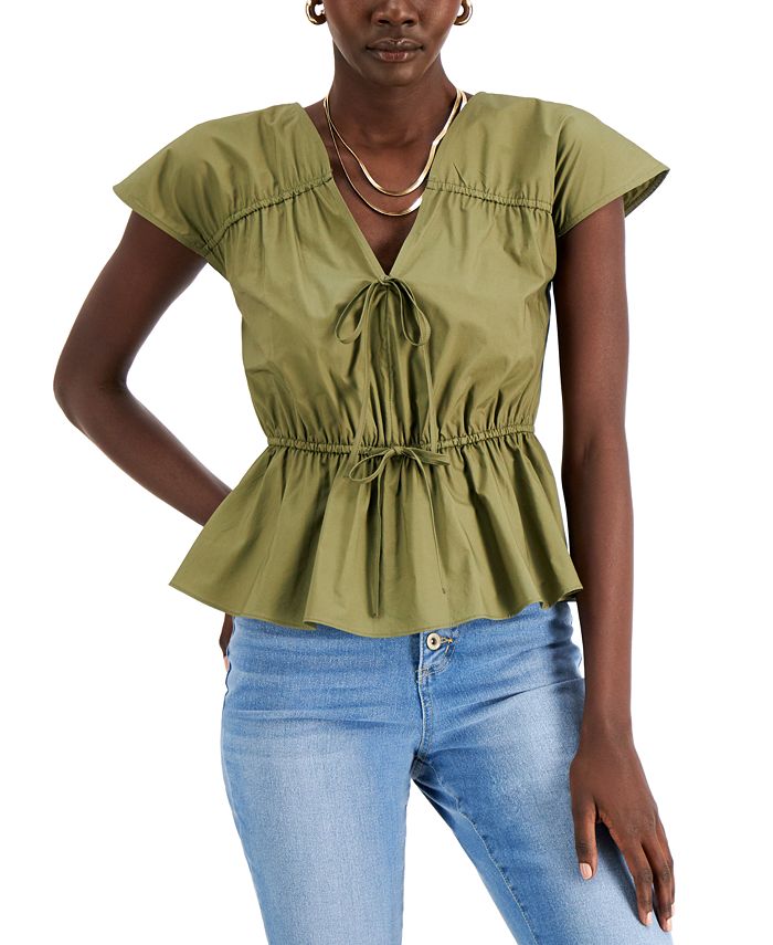 INC International Concepts Women's Ruched Cotton V Neck Blouse Green Size X-Small