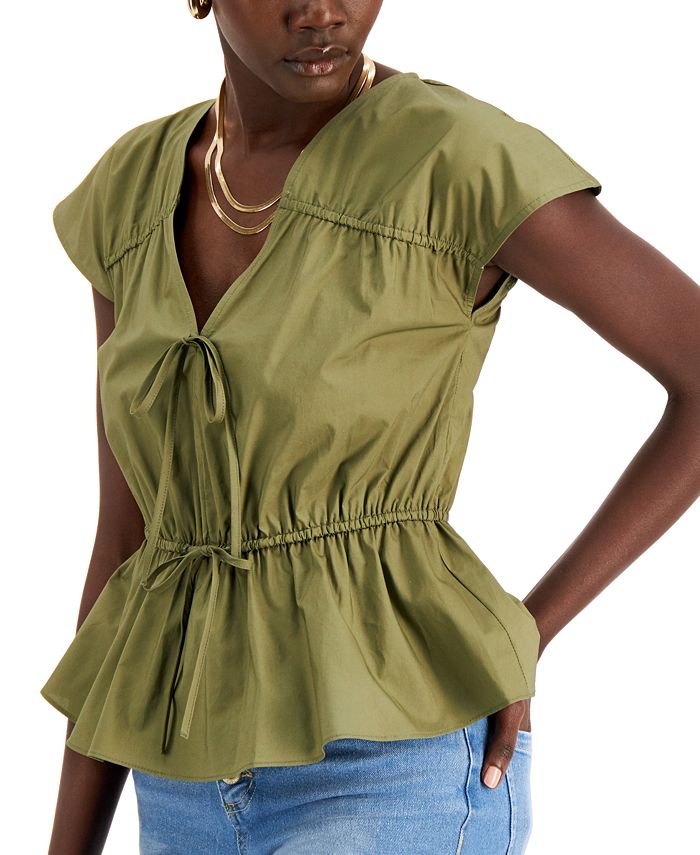INC International Concepts Women's Ruched Cotton V Neck Blouse Green Size X-Small