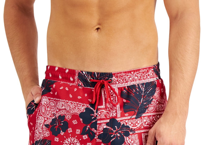 Club Room Men's Floral Bandana 7 Swim Trunks Red Size XX-Large