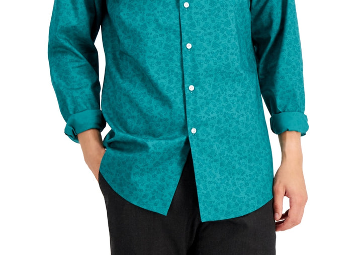 Bar III Men's Slim Flit Floral Stretch Dress Shirt Green Size Small