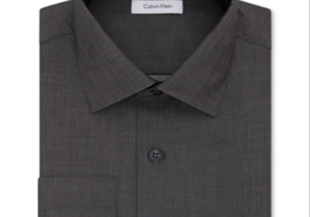 Calvin Klein Steel Men's Classic-Fit Non-Iron Performance Herringbone Spread Collar Dress Shirt Gray Size 18 36-37