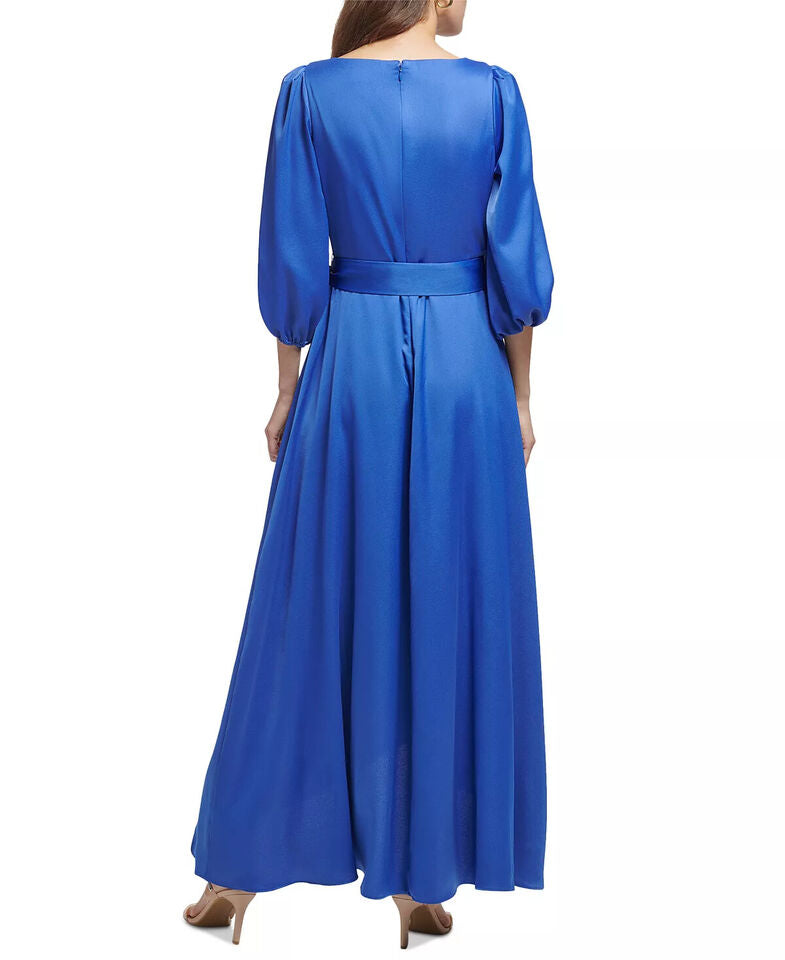 DKNY Women's 3/4 Sleeve Belted Faux Wrap Gown Blue Size 14