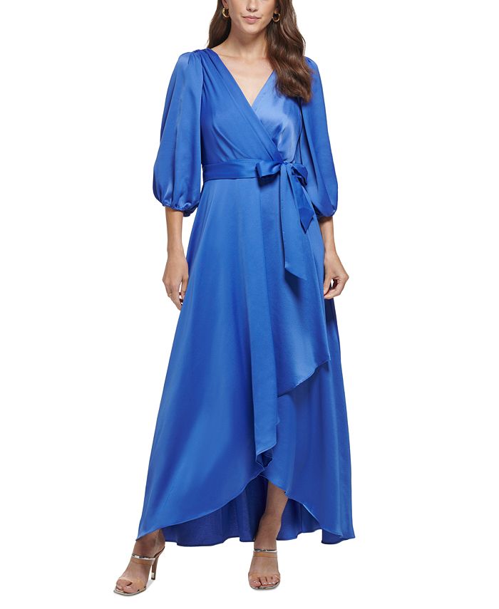 DKNY Women's 3/4 Sleeve Belted Faux Wrap Gown Blue Size 14