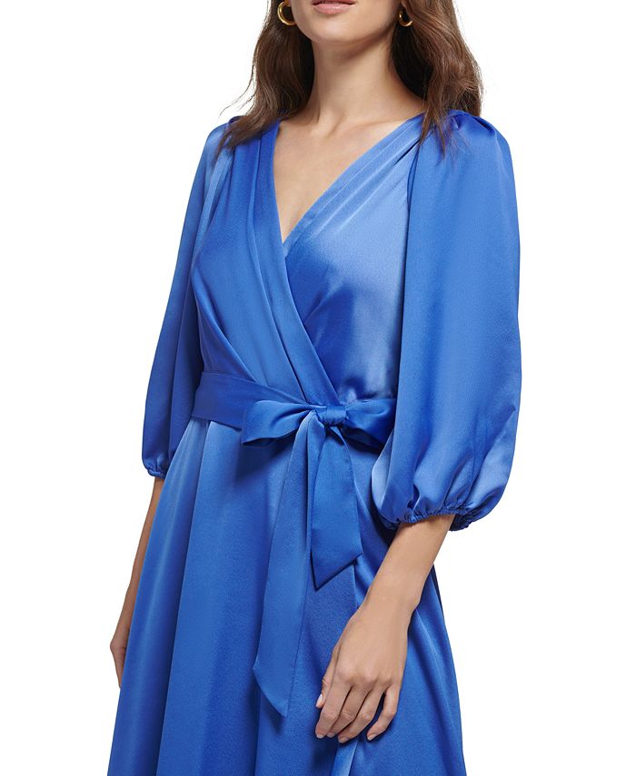 DKNY Women's 3/4 Sleeve Belted Faux Wrap Gown Blue Size 14