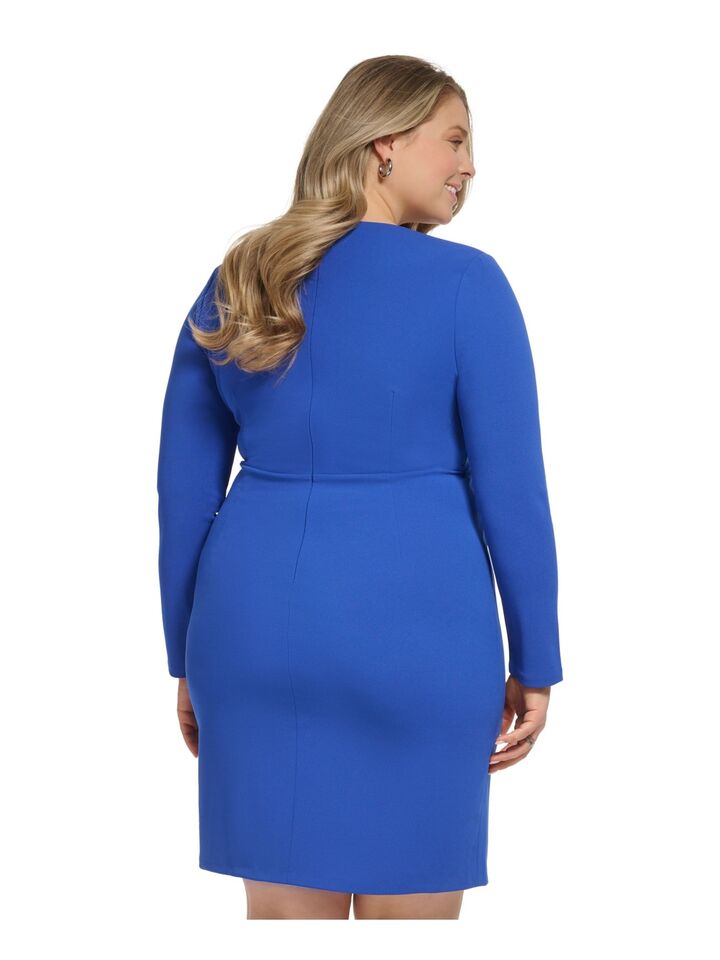 DKNY Women's V Neck Twist Front Long Sleeve Dress Blue Size 18W