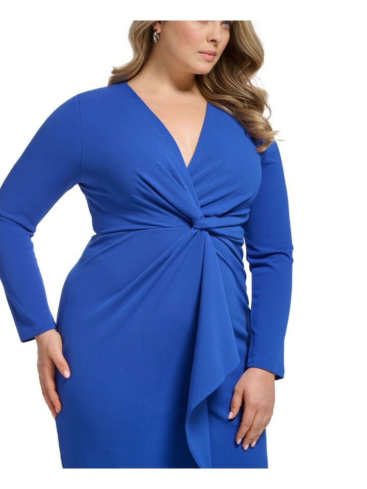 DKNY Women's V Neck Twist Front Long Sleeve Dress Blue Size 18W