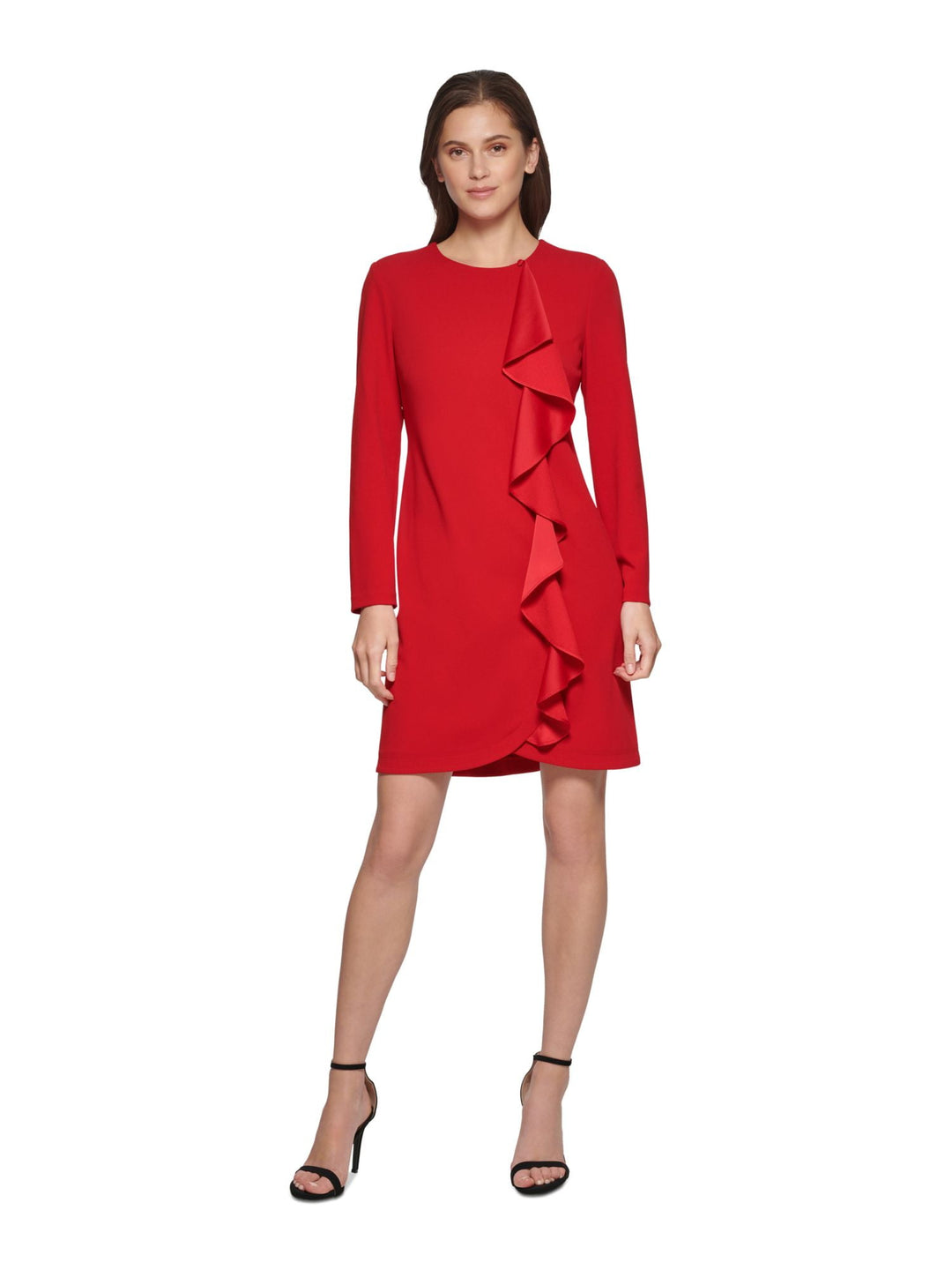 DKNY Women's Cascading Ruffle Long Sleeve Dress Red Size 2