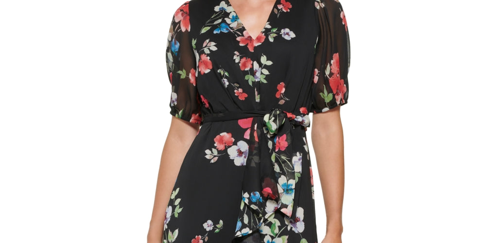 DKNY Women's Floral Print Ruffled Midi Dress Black Size 2