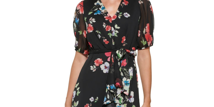 DKNY Women's Floral Print Ruffled Midi Dress Black Size 2