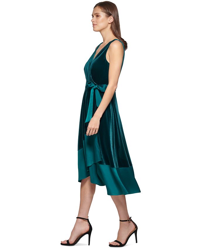DKNY Women's Mixed Media Surplice V Neck Belted Dress Green Size 2