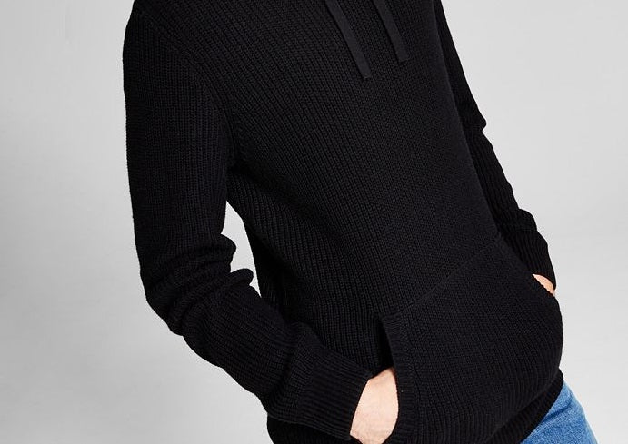 And Now This Men's Ribbed Knit Pullover Hooded Sweater Black
