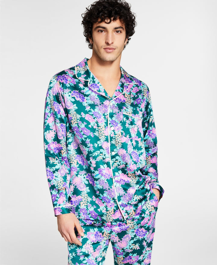 INC International Concepts Men's Printed Satin Pajama Top Green Size XX-Large