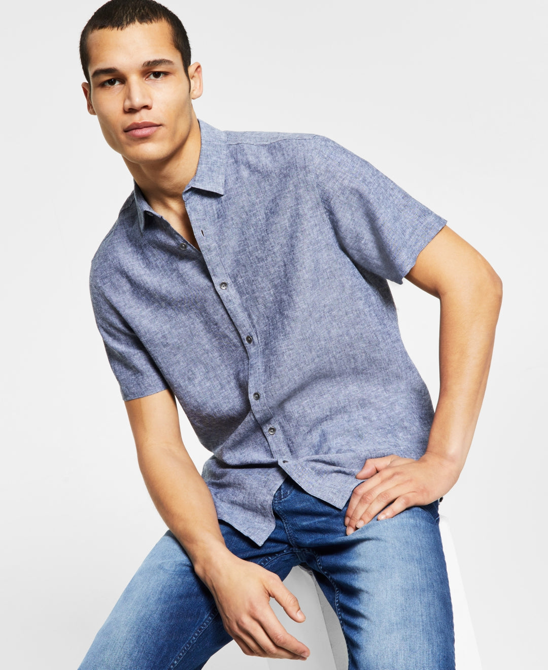 INC International Concepts Men's Regular Fit Linen Shirt Blue Size Large