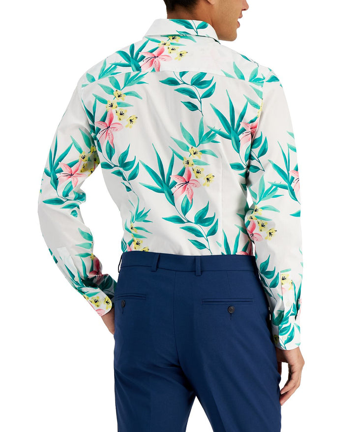 Bar III Men's Slim Fit Tropical Print Dress Shirt White Size Large
