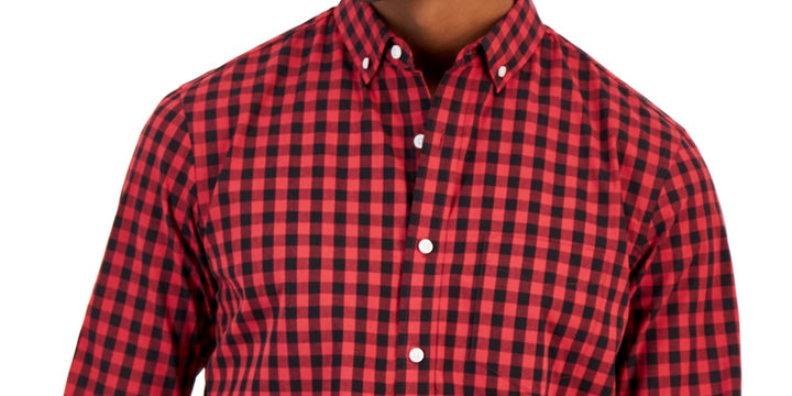 Club Room Men's Grant Classic Fit Check Button Down Poplin Shirt Red Size Medium