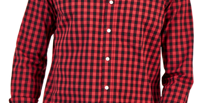 Club Room Men's Grant Classic Fit Check Button Down Poplin Shirt Red Size Medium