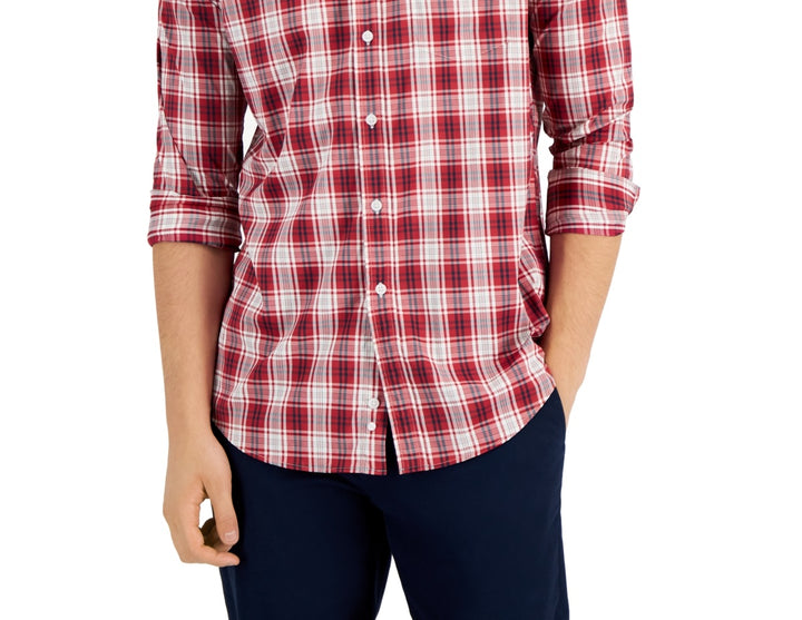 Club Room Men's Plaid Tech Woven Button Up Shirt Red Size X-Large
