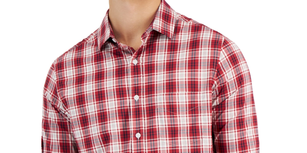 Club Room Men's Plaid Tech Woven Button Up Shirt Red Size X-Large