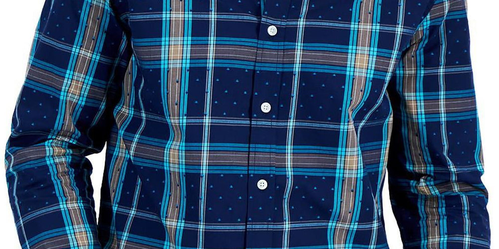 Club Room Men's Cotton Plaid Button Down Shirt Blue Size Small