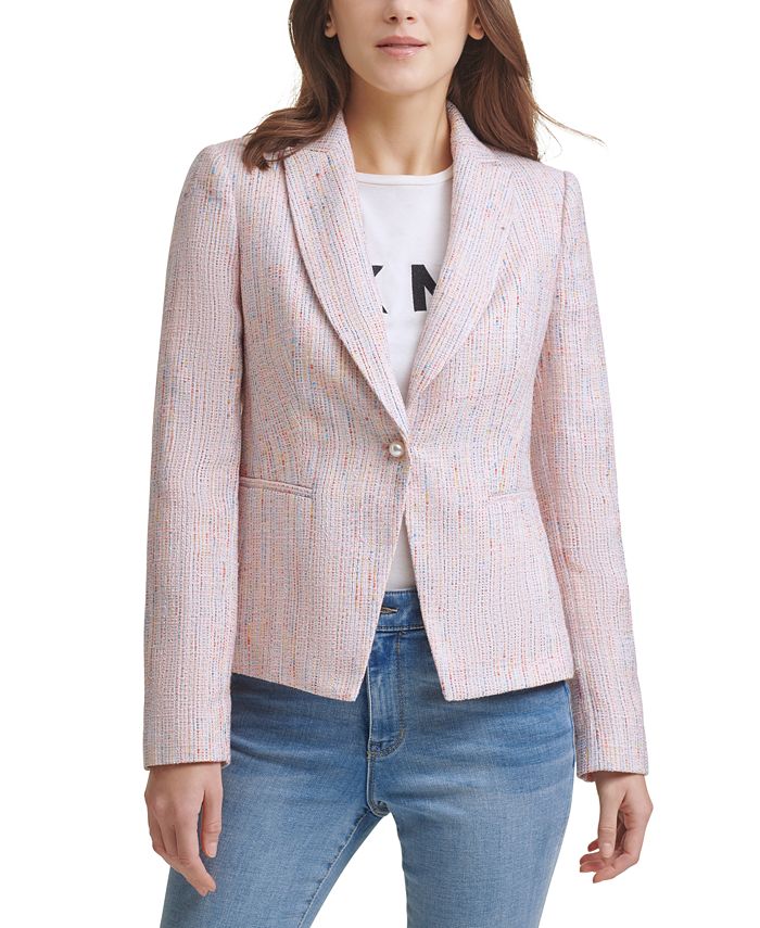 DKNY Tweed Faux Pearl One-Button Blazer Pink Size 16