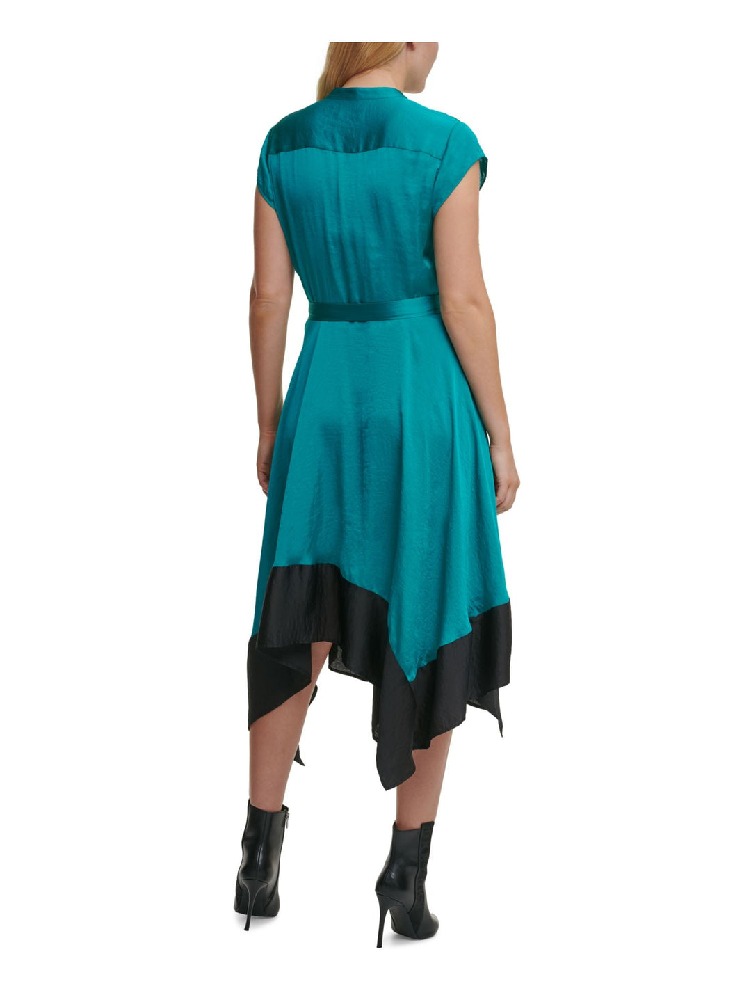 DKNY Women's Belted Darted Handkerchief Hem Color Block Cap Sleeve Split Midi Wear To Work Fit Flare Dress Blue Size Medium