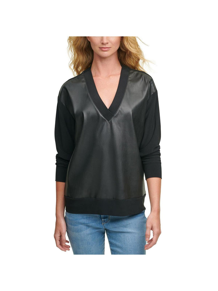 DKNY Women's Faux Leather Front Sweatshirt Black Size Medium
