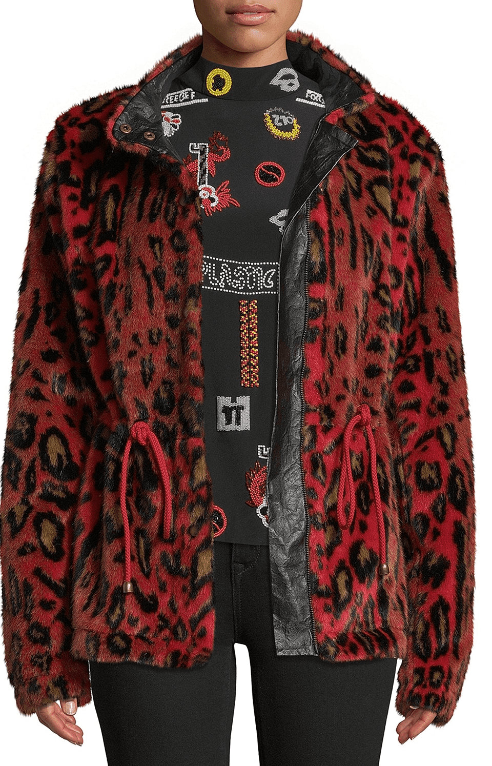 Nicole Miller Women's Leopard Print Faux Anorak Jacket Red Size Medium