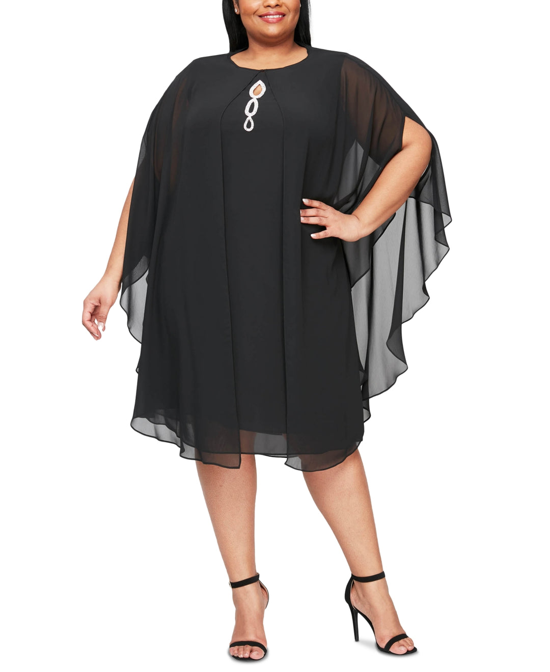 SL Fashions Women's Rhinestone Chiffon Dress & Capelet Black Size 20W