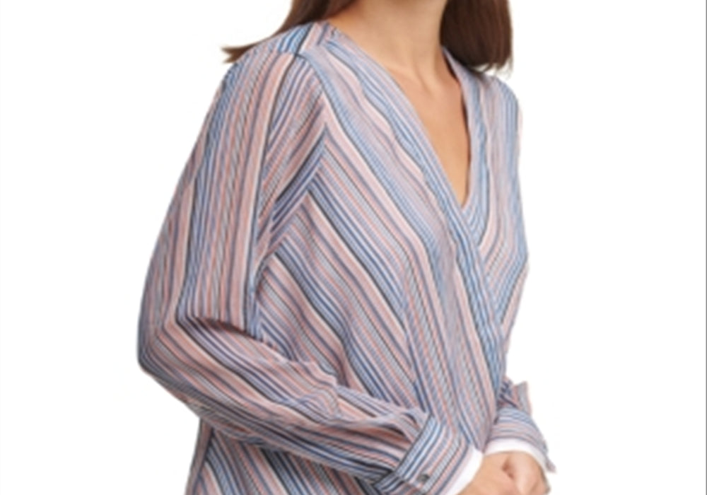 DKNY Striped Faux-Wrap Blouse Ivory New Navy Blue Size L