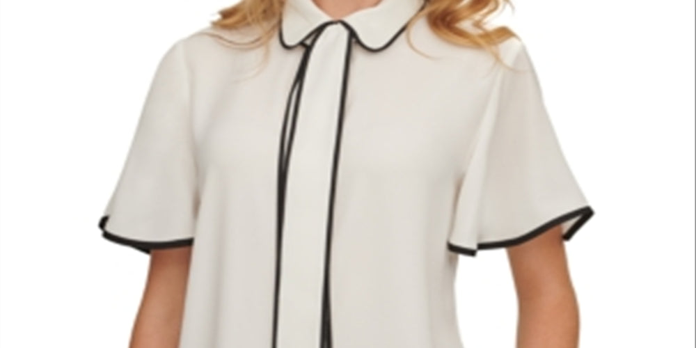 DKNY Women's Tie Neck Flutter Sleeve Blouse White Size XX-Large