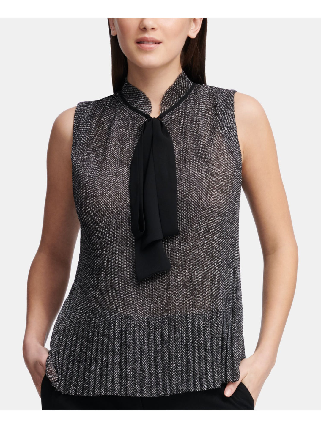 DKNY Women's Printed Pleated Tie Neck Blouse Black Size Petite Medium