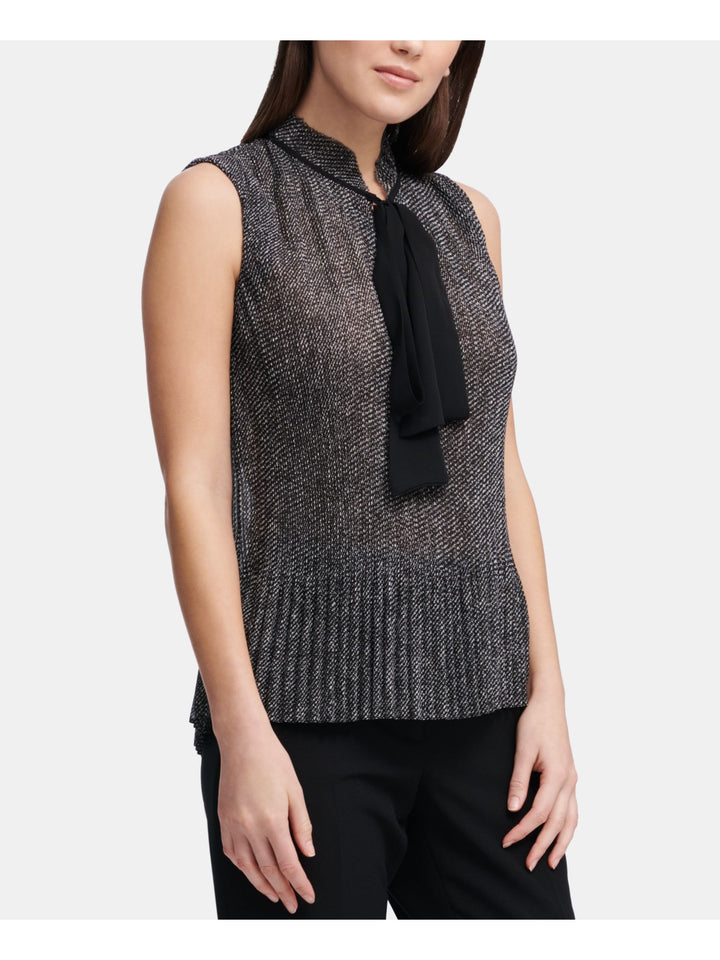 DKNY Women's Printed Pleated Tie Neck Blouse Black Size Petite Medium
