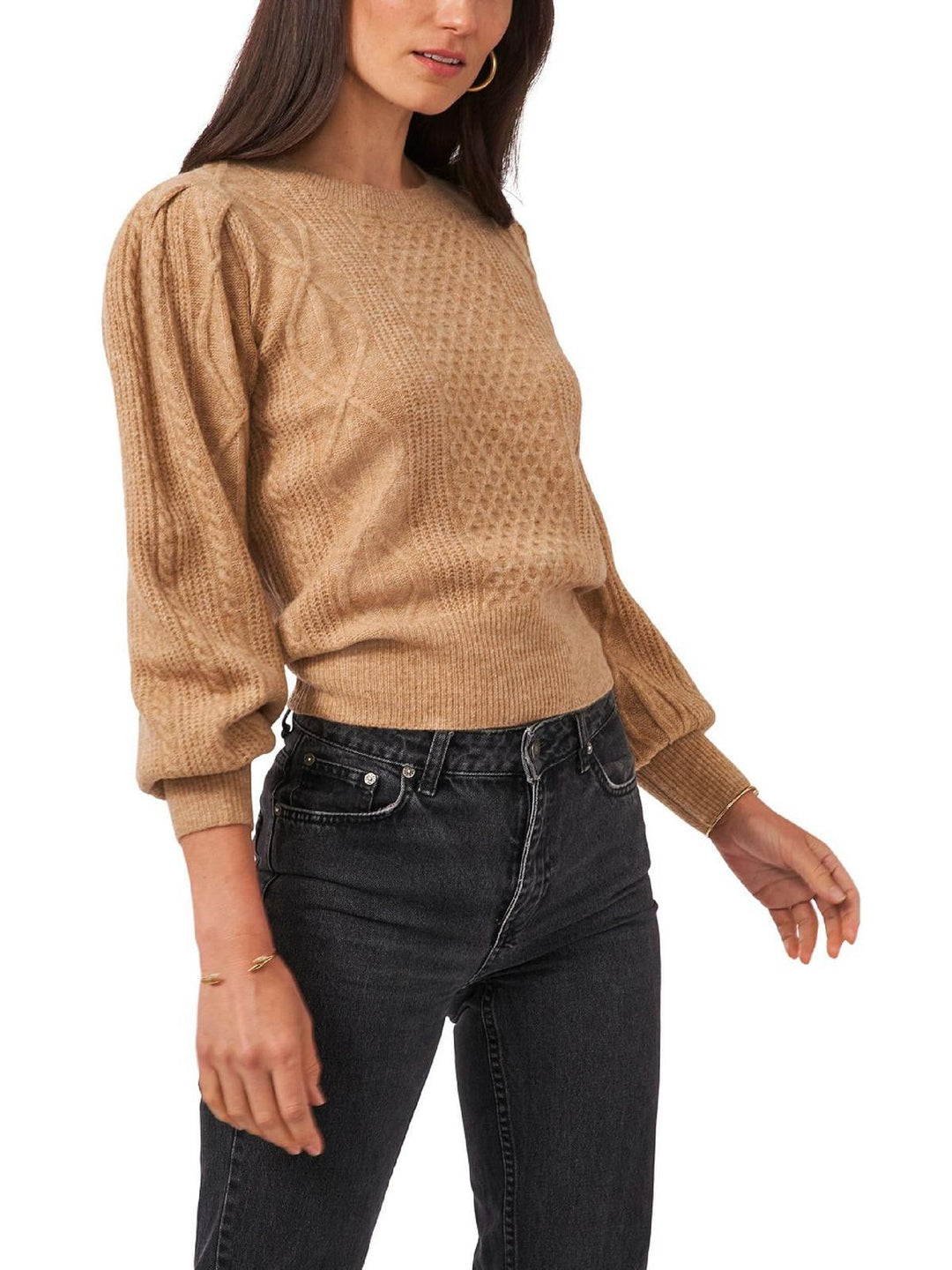 1.State Women's Variegated Cables Crew Neck Sweater Brown Size S