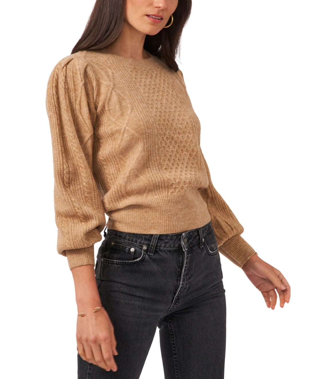 1.State Women's Variegated Cables Crew Neck Sweater Brown Size S