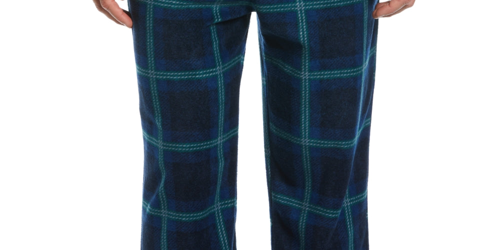 Perry Ellis Portfolio Men's Windowpane Plaid Textured Fleece Pajama Pants Blue