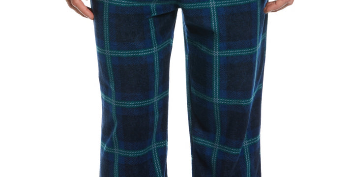 Perry Ellis Portfolio Men's Windowpane Plaid Textured Fleece Pajama Pants Blue