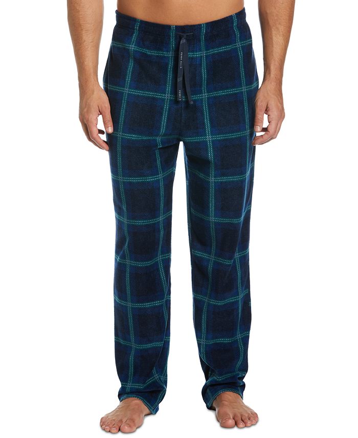 Perry Ellis Portfolio Men's Windowpane Plaid Textured Fleece Pajama Pants Blue