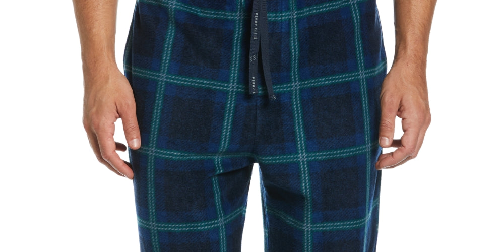 Perry Ellis Portfolio Men's Windowpane Plaid Textured Fleece Pajama Pants Blue