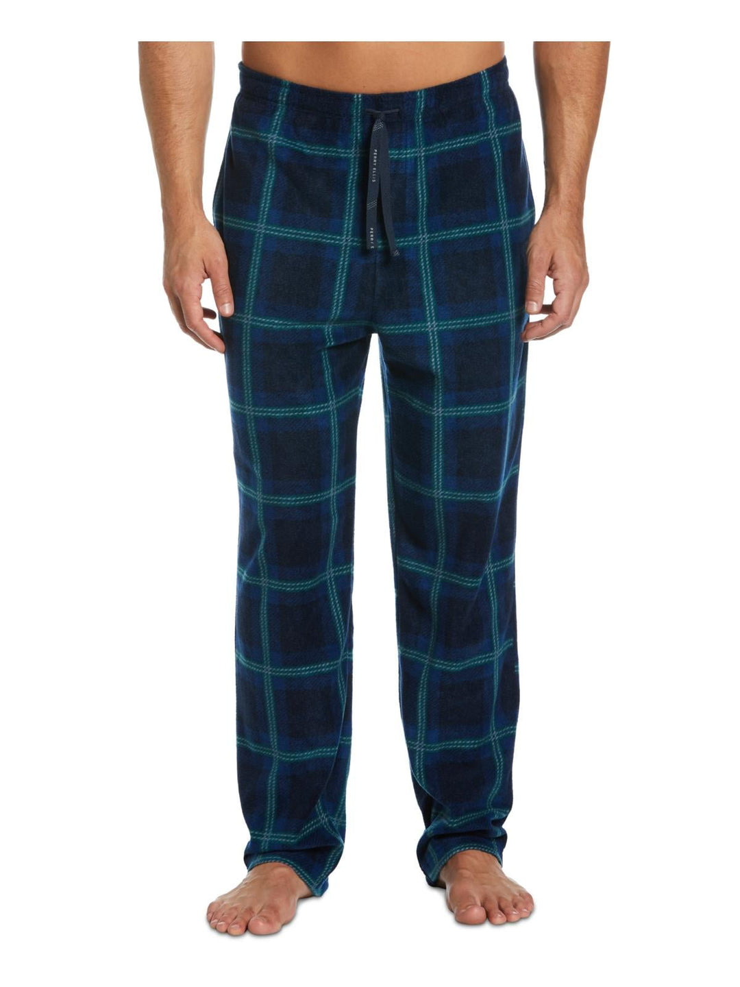 Perry Ellis Portfolio Men's Windowpane Plaid Textured Fleece Pajama Pants Blue Size X-Large