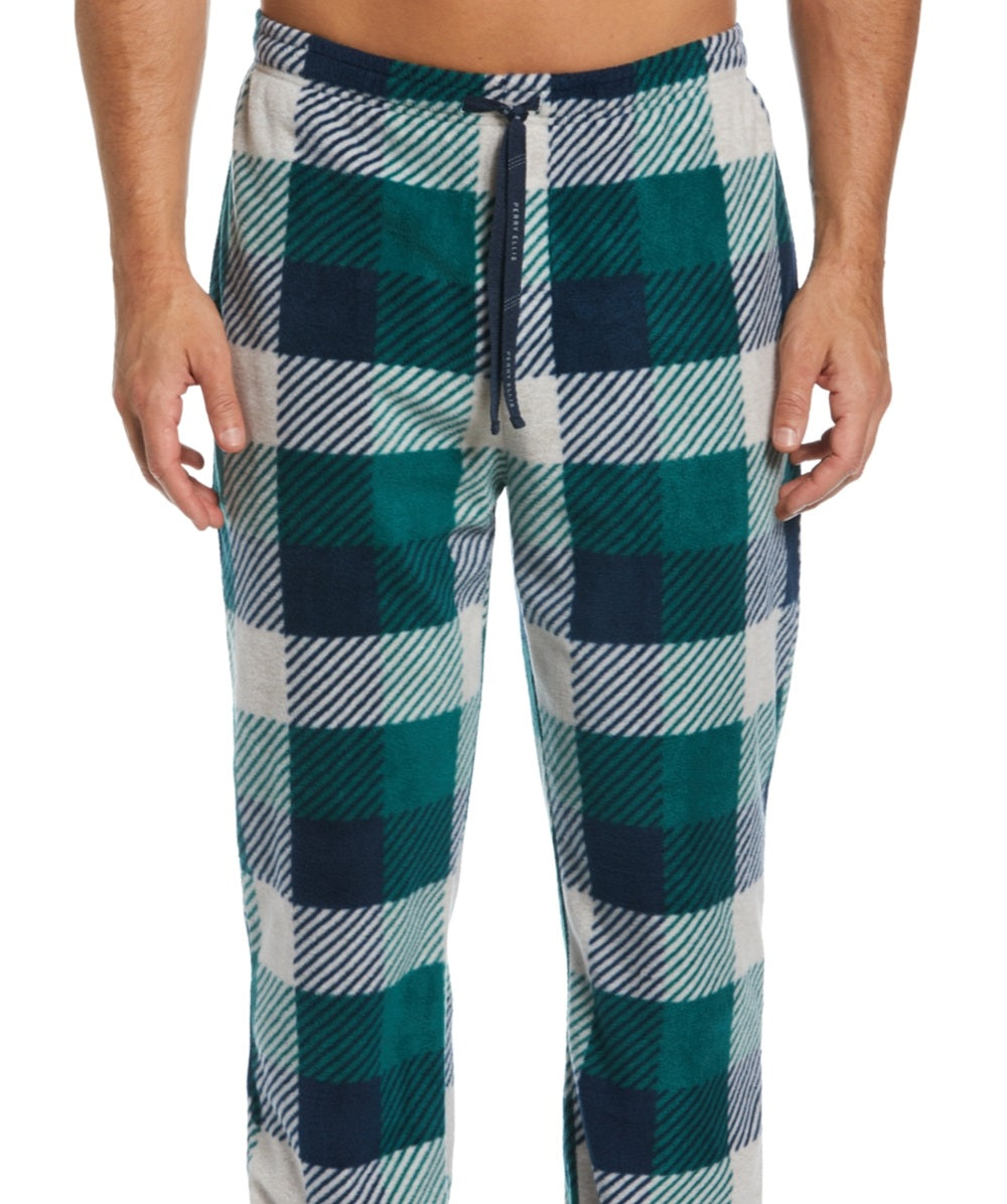 Perry Ellis Portfolio Men's Modern Buffalo Plaid Textured Fleece Pajama Pants Green Size X-Large