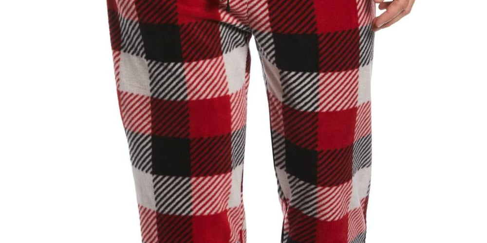 Perry Ellis Portfolio Pantalones de pijama de forro polar texturizados a cuadros de búfalo modernos para hombre, color rojo, talla XL