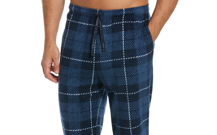 Perry Ellis Portfolio Men's Windowpane Plaid Textured Fleece Pajama Pants Blue Size X-Large