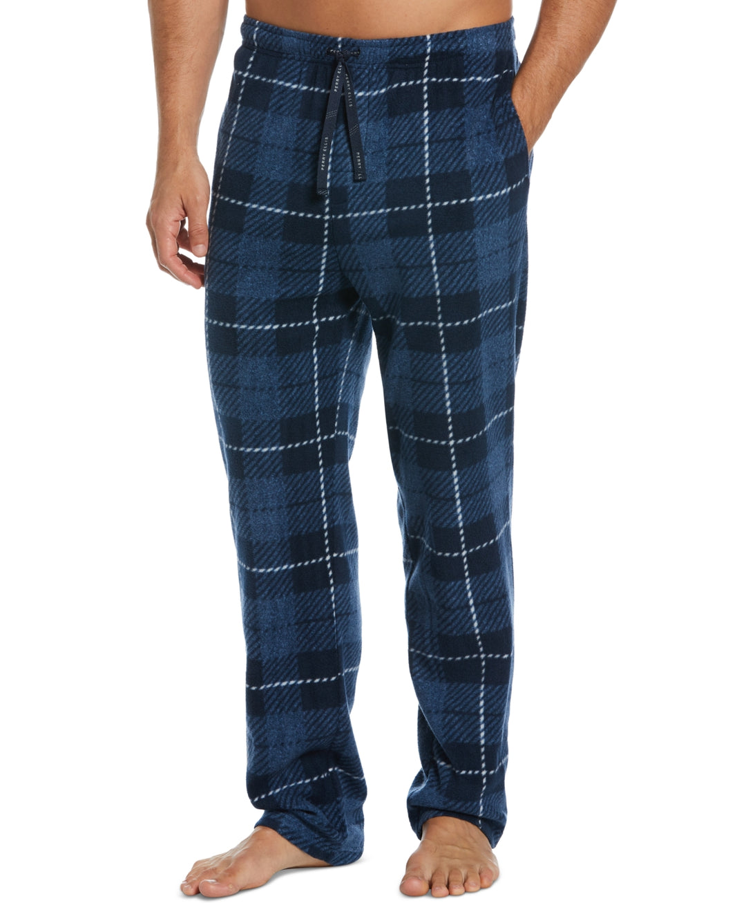 Perry Ellis Portfolio Men's Windowpane Plaid Textured Fleece Pajama Pants Blue Size X-Large