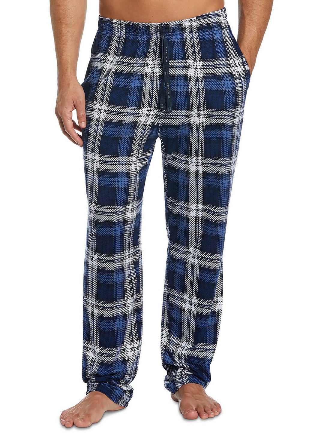 Perry Ellis Portfolio Men's Windowpane Plaid Knit Pajama Pants Blue Size XL