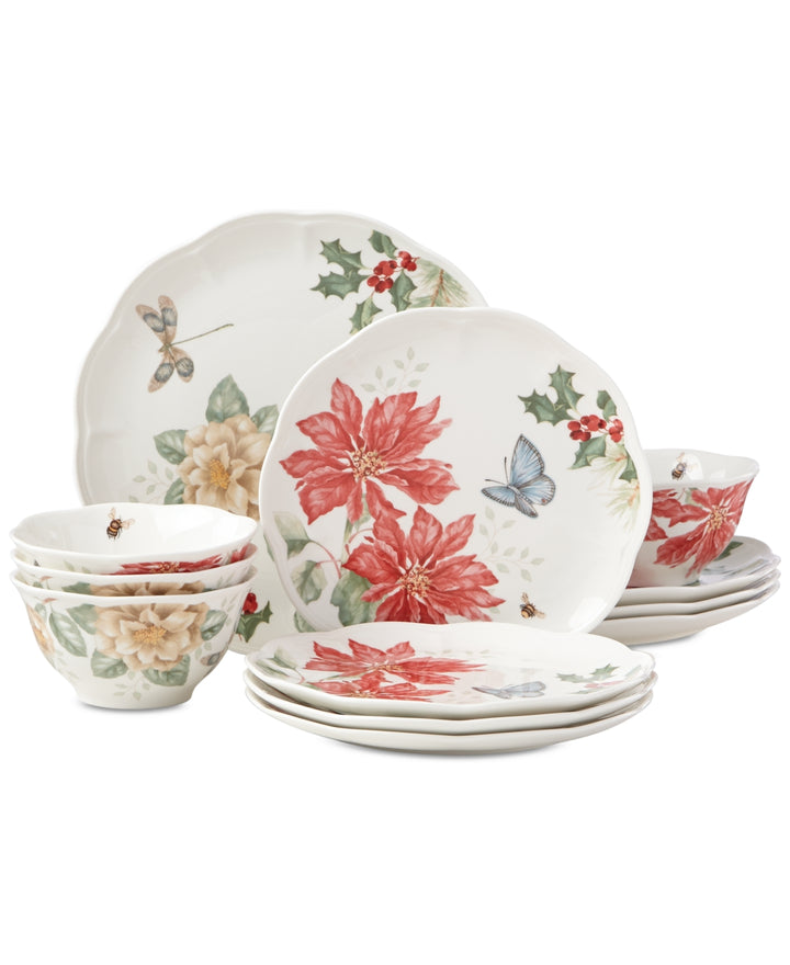 Lenox Butterfly Meadow Holiday 12 Piece Dinnerware Set Red/Green Brown